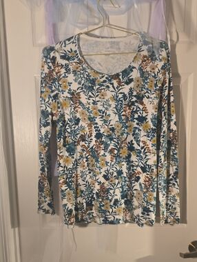 J. Jill White Long-Sleeve Scoop Neck Top with Teal and Mustard Floral Pattern